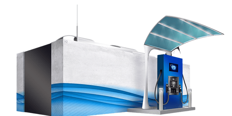 Rendering of an E-TRON unit: a modular processing enclosure beside a blue fuel dispenser under a curved canopy